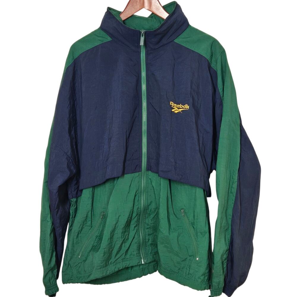 Reebok VTG Jacket Retro 90s Track Windbreaker Green Blue Mens XL Hooded Nylon